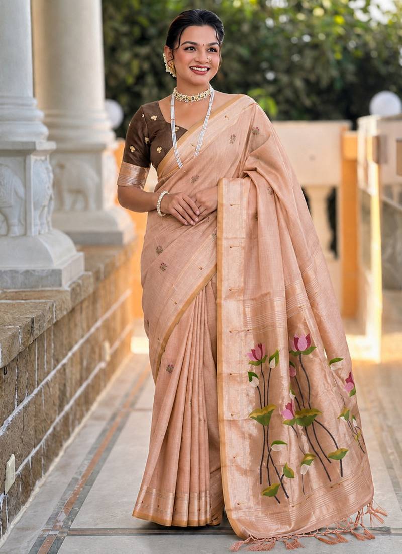 Peach cotton silk saree with colorful floral weaving pallu with blouse
