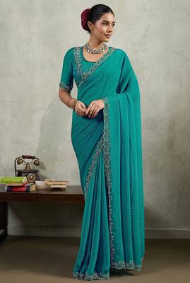 Teal velvet chiffon dual tone zarkan precision border work saree with blouse 1