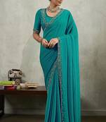 Teal velvet chiffon dual tone zarkan precision border work saree with blouse