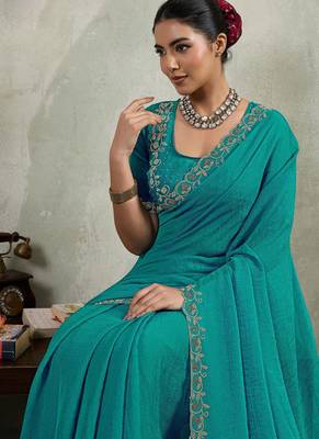 Teal velvet chiffon dual tone zarkan precision border work saree with blouse 2