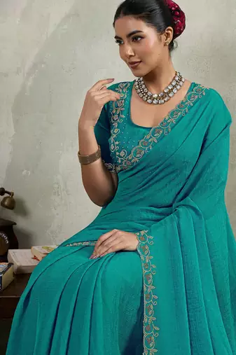 Teal velvet chiffon dual tone zarkan precision border work saree with blouse