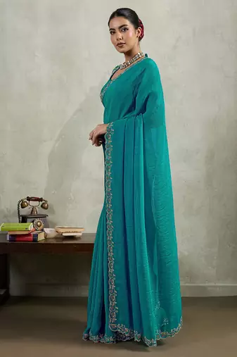 Teal velvet chiffon dual tone zarkan precision border work saree with blouse