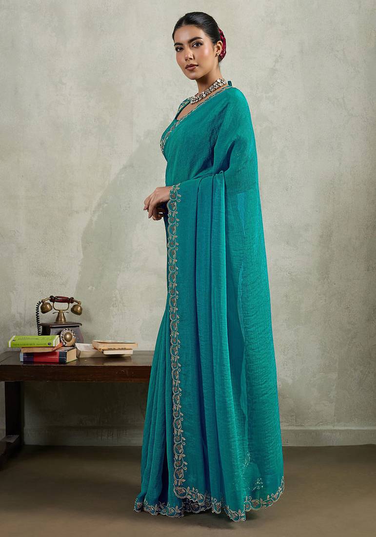 Teal velvet chiffon dual tone zarkan precision border work saree with blouse