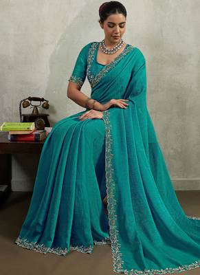 Teal velvet chiffon dual tone zarkan precision border work saree with blouse 4
