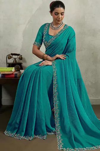 Teal velvet chiffon dual tone zarkan precision border work saree with blouse
