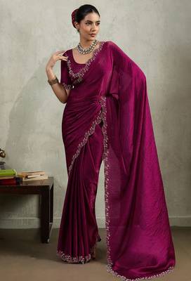 Wine velvet chiffon dual tone zarkan precision border work saree with blouse 1