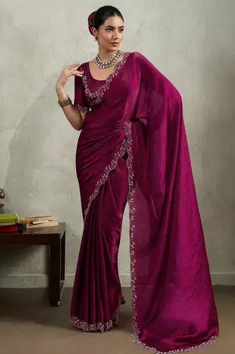 Wine velvet chiffon dual tone zarkan precision border work saree with blouse