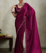 Wine velvet chiffon dual tone zarkan precision border work saree with blouse
