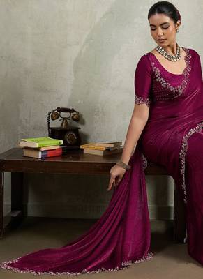 Wine velvet chiffon dual tone zarkan precision border work saree with blouse 2