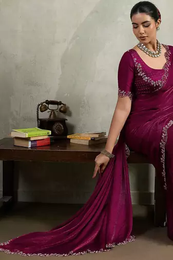 Wine velvet chiffon dual tone zarkan precision border work saree with blouse