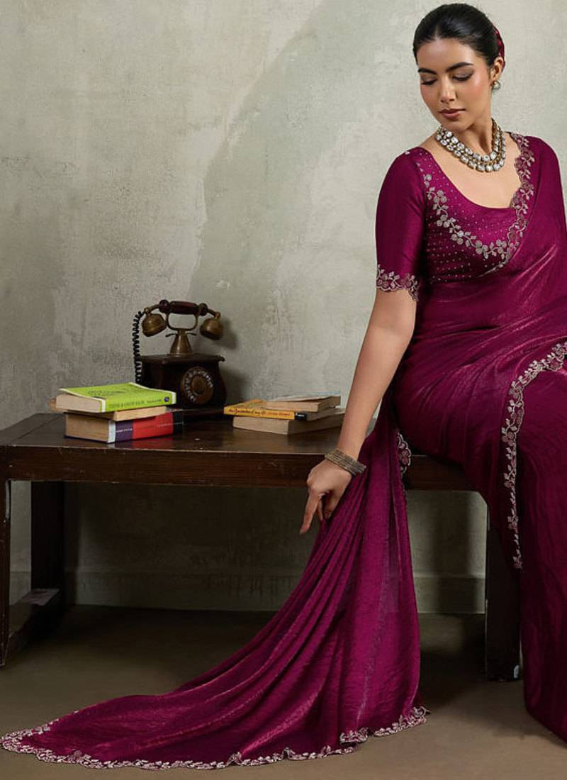 Wine velvet chiffon dual tone zarkan precision border work saree with blouse