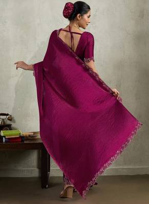 Wine velvet chiffon dual tone zarkan precision border work saree with blouse 3