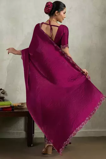 Wine velvet chiffon dual tone zarkan precision border work saree with blouse