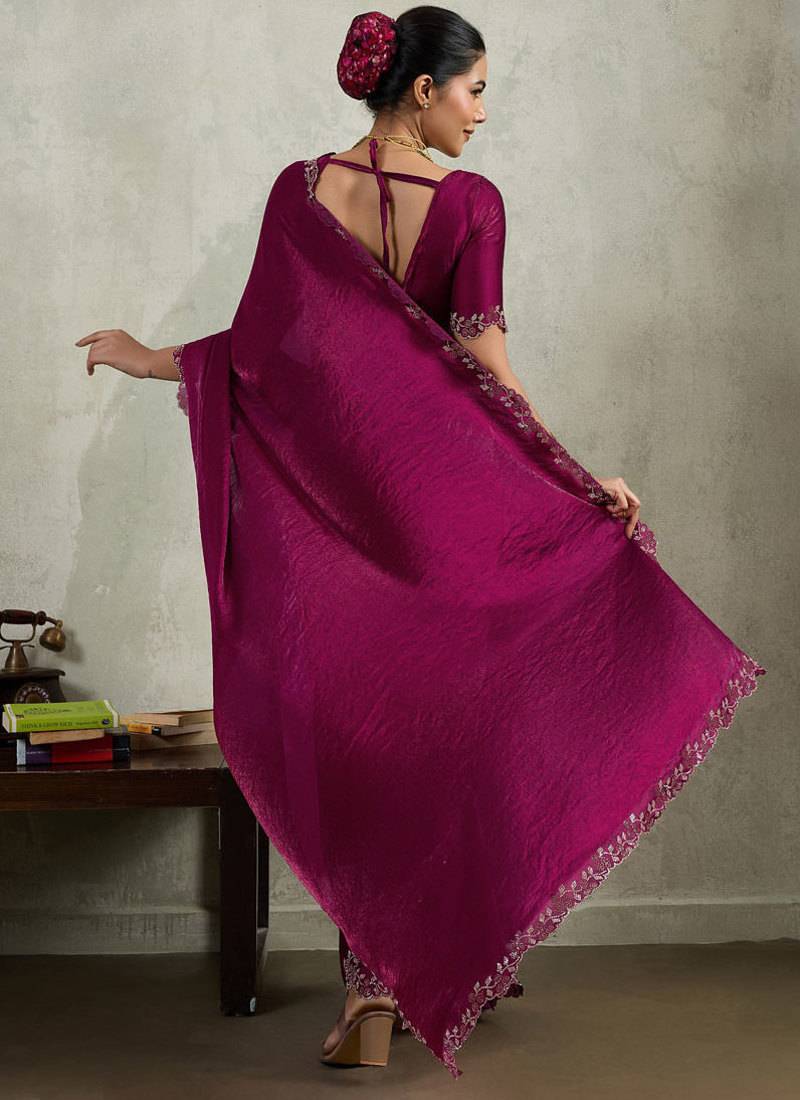 Wine velvet chiffon dual tone zarkan precision border work saree with blouse