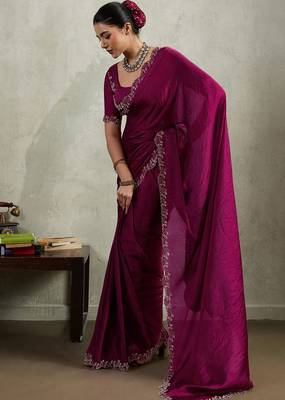 Wine velvet chiffon dual tone zarkan precision border work saree with blouse 4