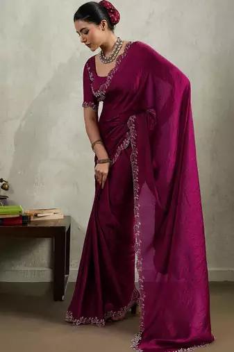 Wine velvet chiffon dual tone zarkan precision border work saree with blouse