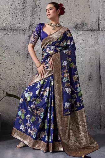 navy blue banarasi silk blend zari woven saree with blouse