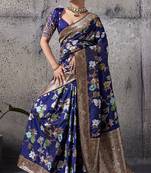 navy blue banarasi silk blend zari woven saree with blouse