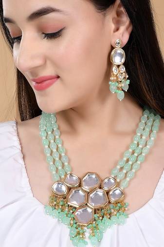 Gold Plated Kundan Long Layered Jewellery Set For Women