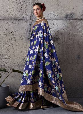 navy blue banarasi silk blend zari woven saree with blouse 2