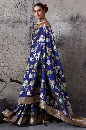 navy blue banarasi silk blend zari woven saree with blouse