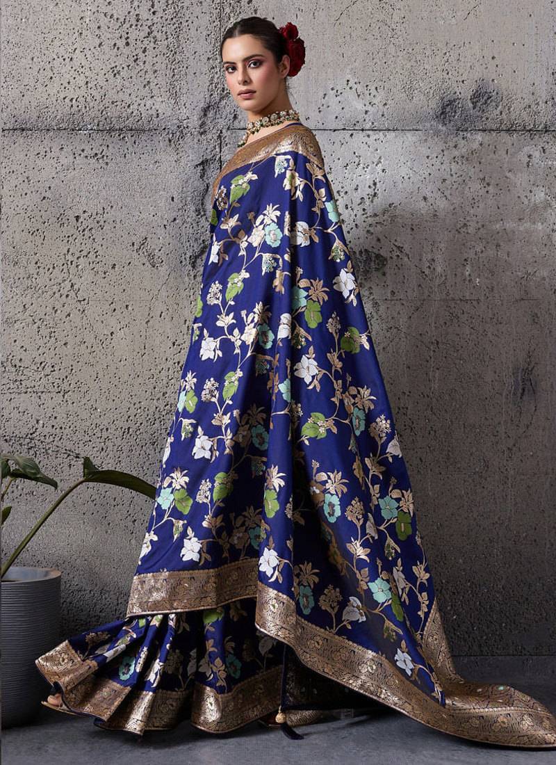 navy blue banarasi silk blend zari woven saree with blouse