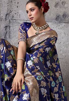 navy blue banarasi silk blend zari woven saree with blouse 3