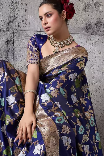 navy blue banarasi silk blend zari woven saree with blouse