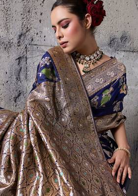 navy blue banarasi silk blend zari woven saree with blouse 4