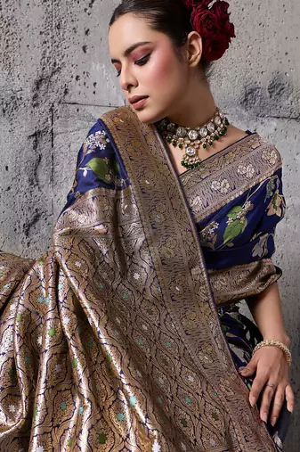 navy blue banarasi silk blend zari woven saree with blouse