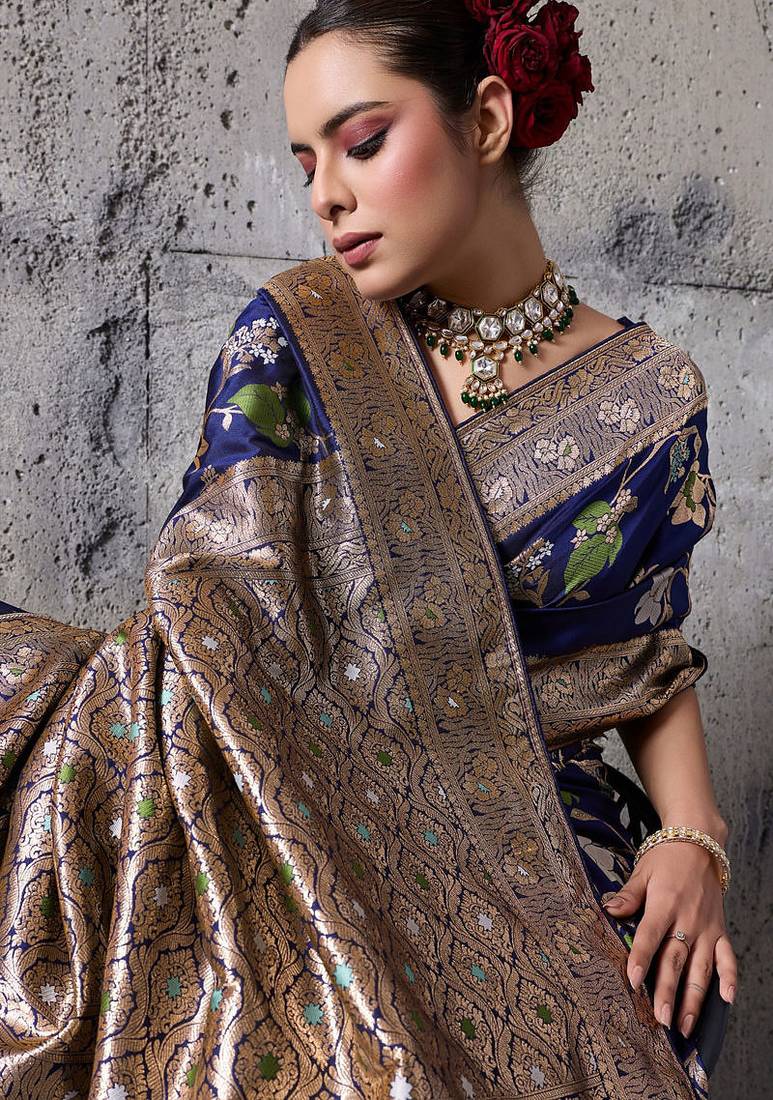 navy blue banarasi silk blend zari woven saree with blouse