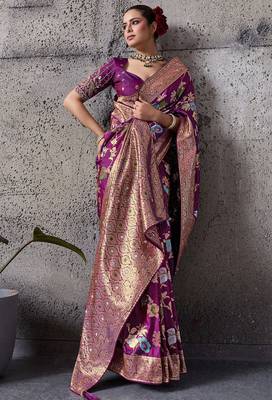 magenta banarasi silk blend zari woven saree with blouse 1