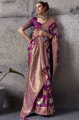 magenta banarasi silk blend zari woven saree with blouse