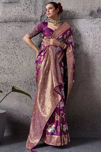 magenta banarasi silk blend zari woven saree with blouse