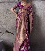 magenta banarasi silk blend zari woven saree with blouse