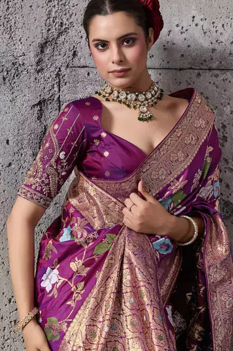 magenta banarasi silk blend zari woven saree with blouse