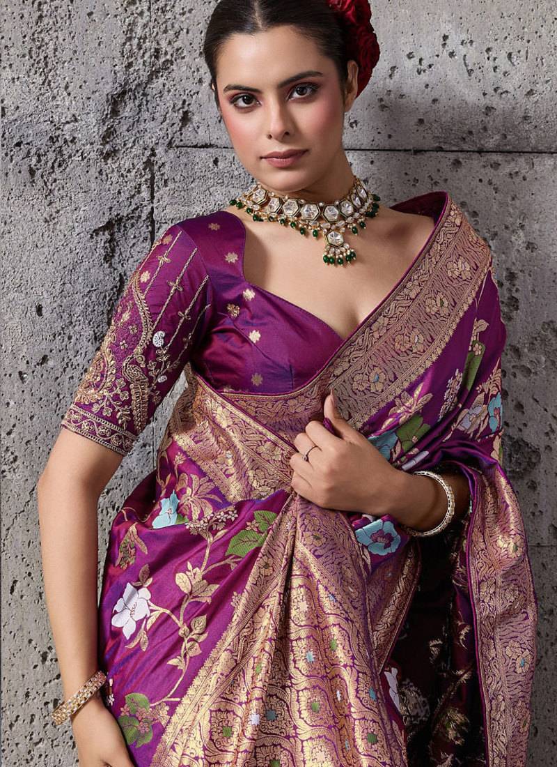 magenta banarasi silk blend zari woven saree with blouse