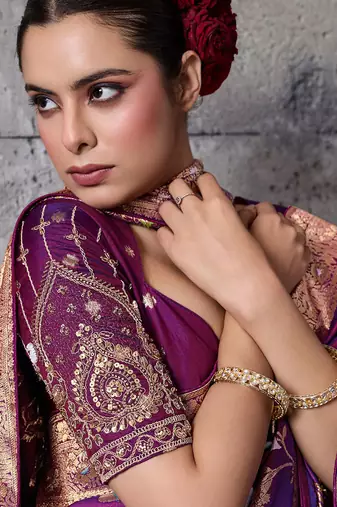 magenta banarasi silk blend zari woven saree with blouse