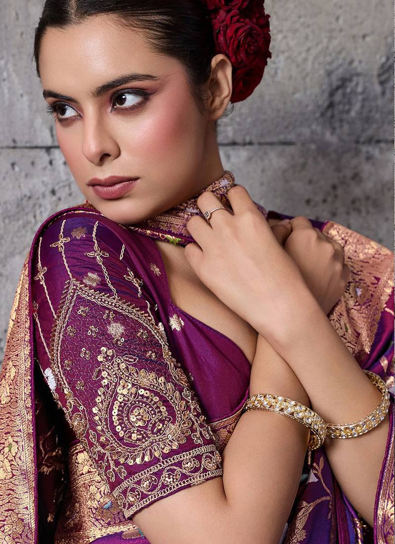 magenta banarasi silk blend zari woven saree with blouse
