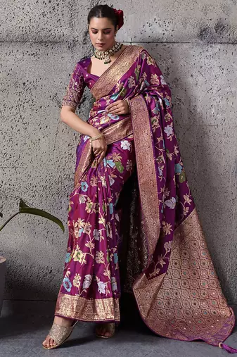 magenta banarasi silk blend zari woven saree with blouse