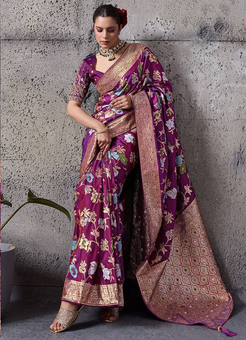 magenta banarasi silk blend zari woven saree with blouse