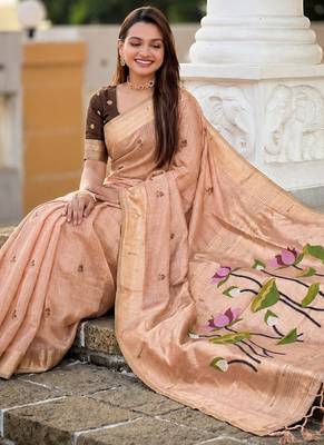 Peach cotton silk saree with colorful floral weaving pallu with blouse 4