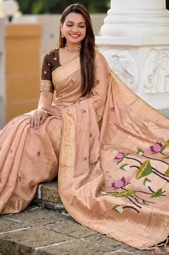 Peach cotton silk saree with colorful floral weaving pallu with blouse