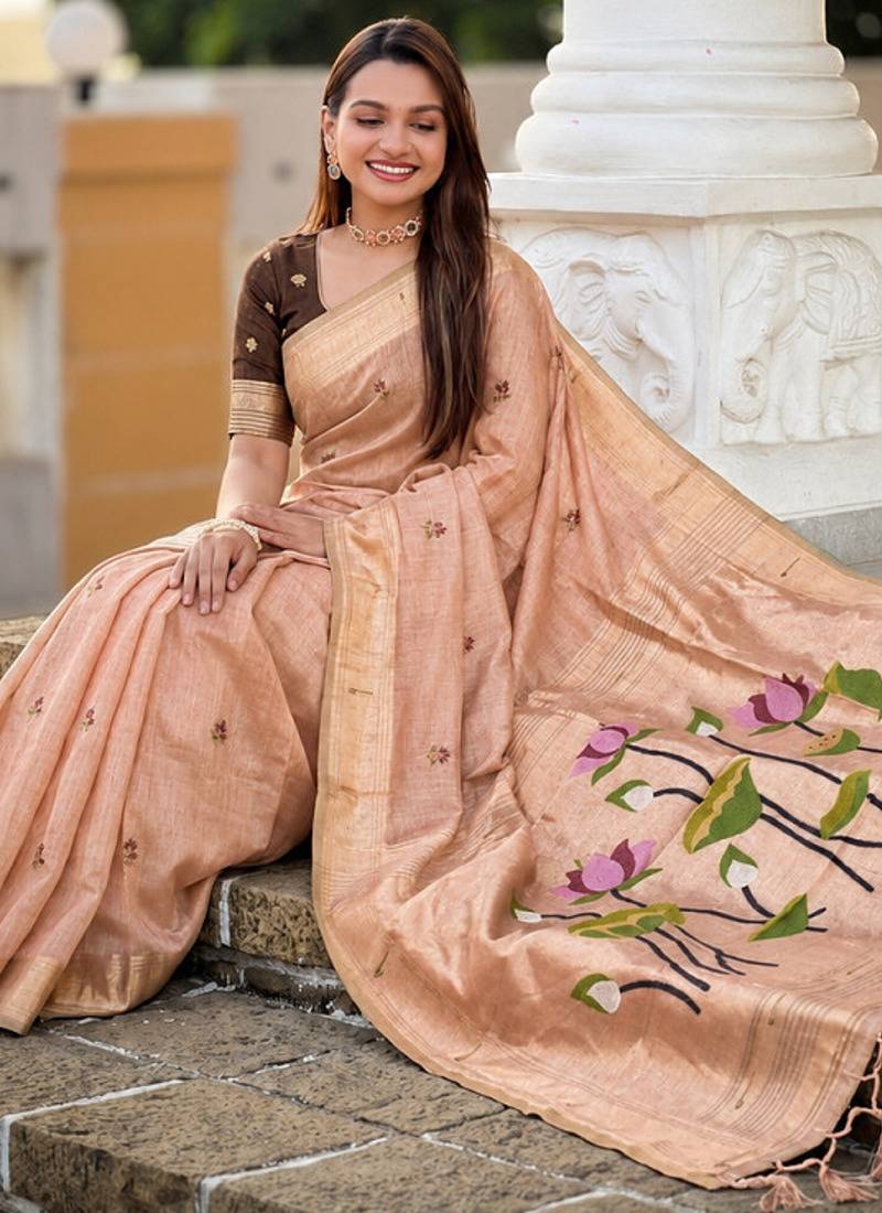 Peach cotton silk saree with colorful floral weaving pallu with blouse
