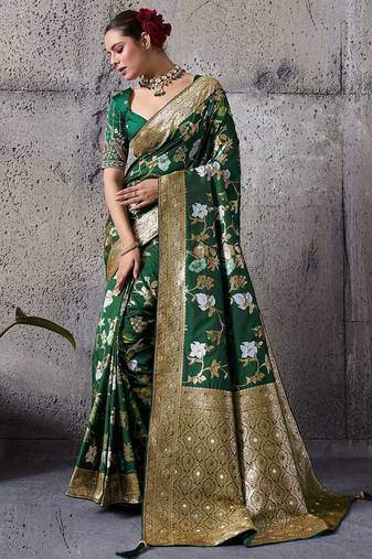 green banarasi silk blend zari woven saree with blouse