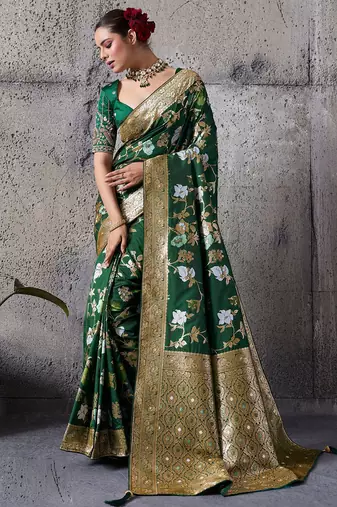 green banarasi silk blend zari woven saree with blouse