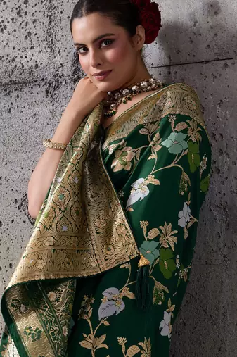 green banarasi silk blend zari woven saree with blouse