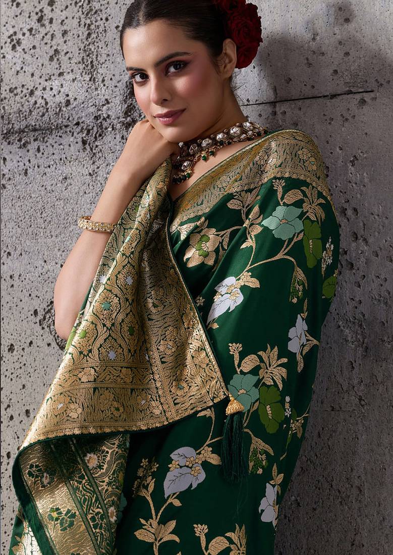 green banarasi silk blend zari woven saree with blouse