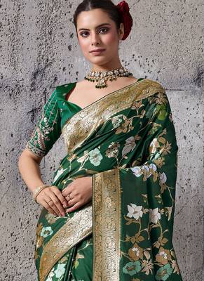 green banarasi silk blend zari woven saree with blouse 3