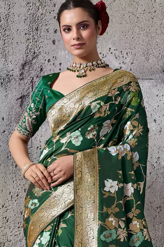 green banarasi silk blend zari woven saree with blouse